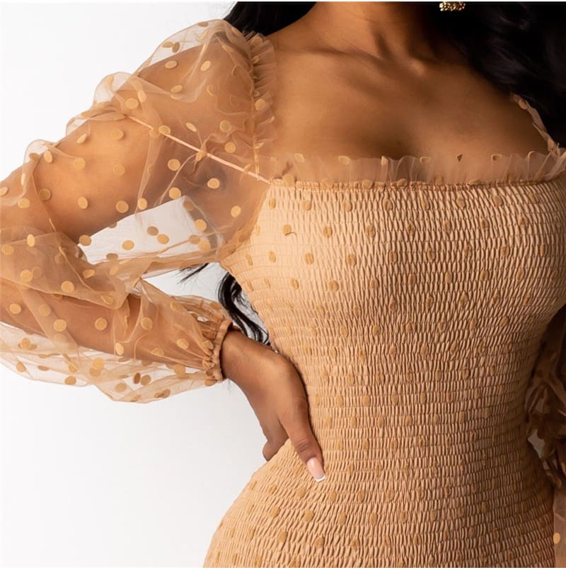 Fashion Women Sexy Mesh Puff Long Sleeve Bodycon Mini Dress Elegant Ruffles Bandage Party Club Ladies Dresses Streetwear