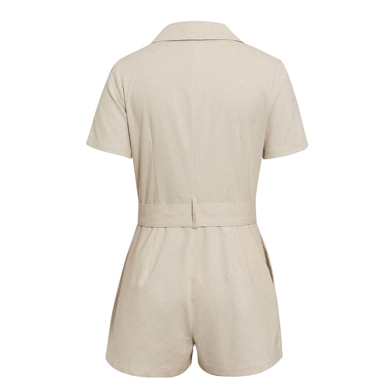 button belt tie summer playsuits women casual linen beach playsuits