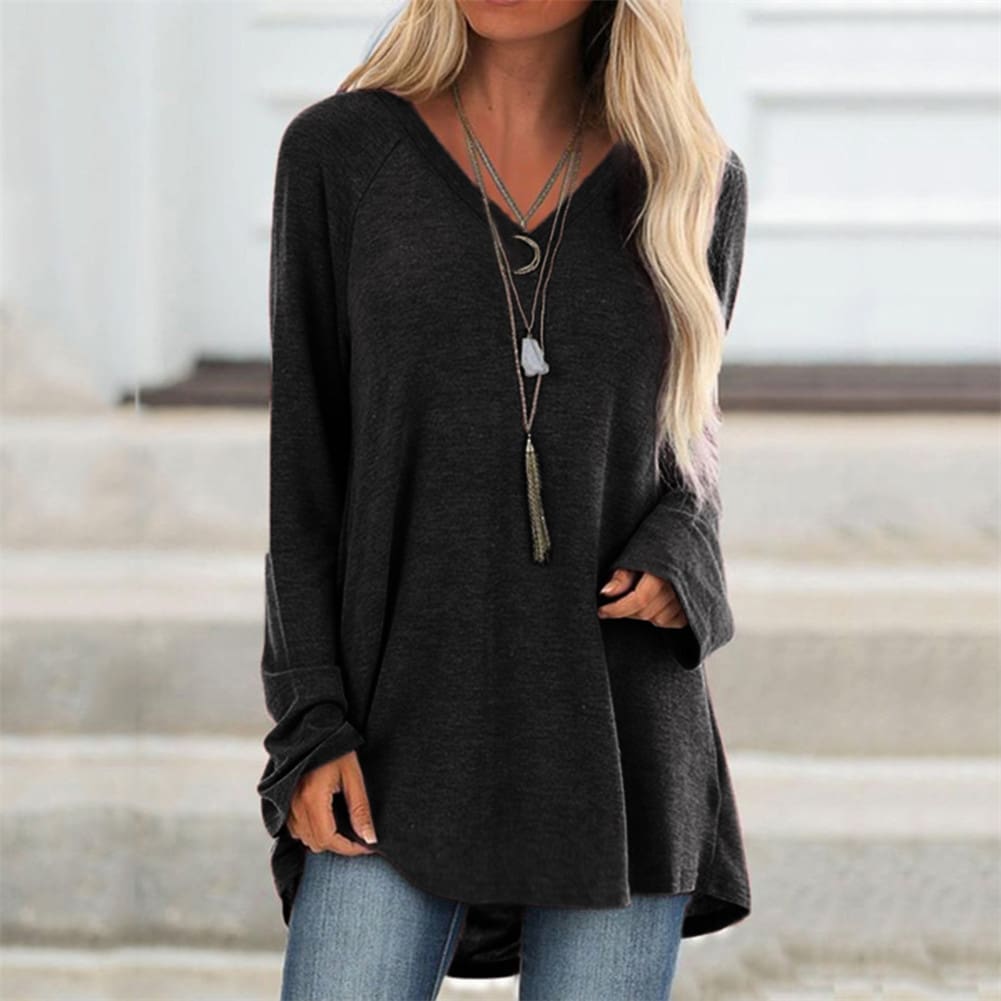 Autumn Women Ladies Tee Shirt Loose Blouse V-neck Shirt Long Sleeve Casual Jumper Pullover Tops Plus Size L-5XL