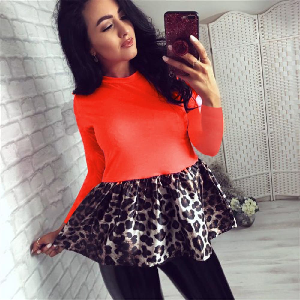 Women¡äs Leopard Patchwork Blouse Long Sleeve Sexy Tops Tee shirts