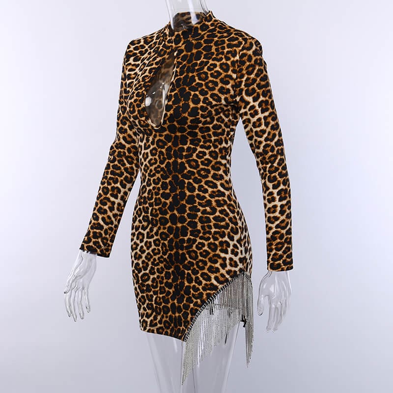 Women Long Sleeve Turtleneck Leopard Dress Diamond Tassel Evening Party Bodycon Dress