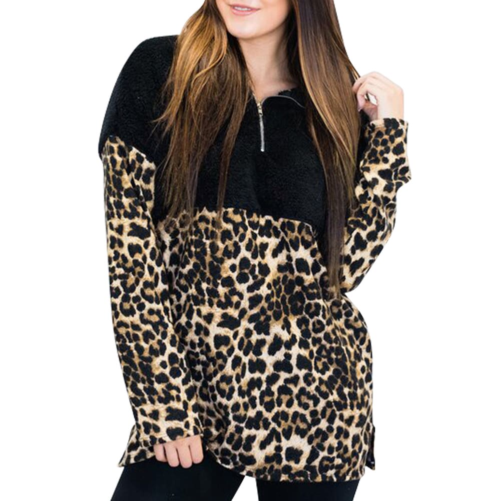 Fashion Women Autumn Winter Hoodie Sweatshirt Leopard Patchwork Jumper Sweater Hooded Pullover Coat Tops