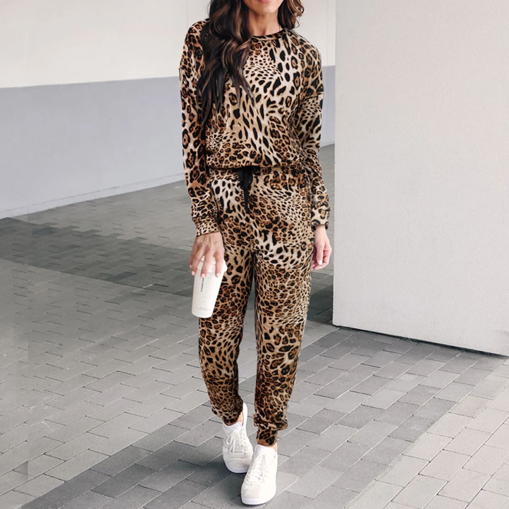 Two piece set Women Fashion Leopard Round Neck Long Sleeve Tops Shirt Wide Leg Pants Casual Sports Suit Streetwear