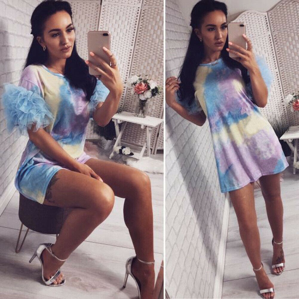 Womens Holiday Mini Floral Dress Fashion Ladies Tulle Short Sleeve Bodycon