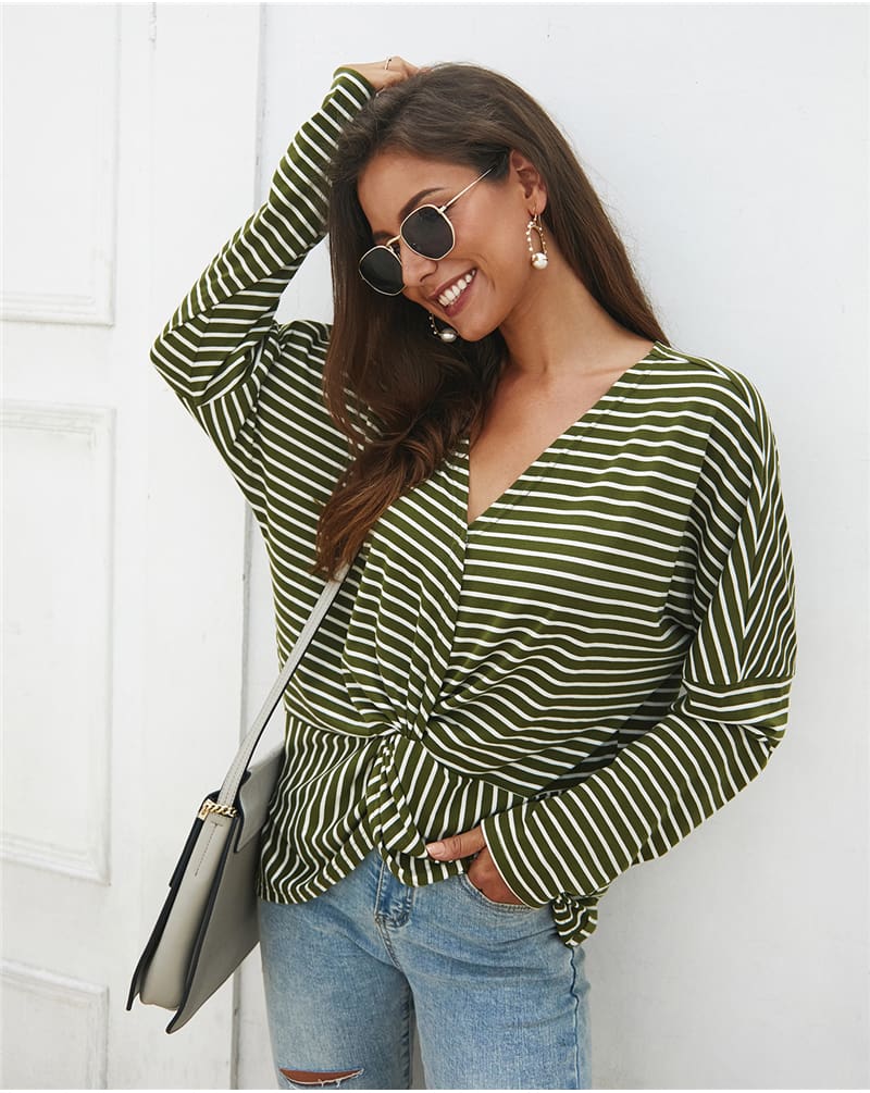 Fashion Women Autumn Casual Top Long Sleeve T shirt V Neck crisscross Tee Shirt Femme Elegant Stripe Dames tshirt Streetwear