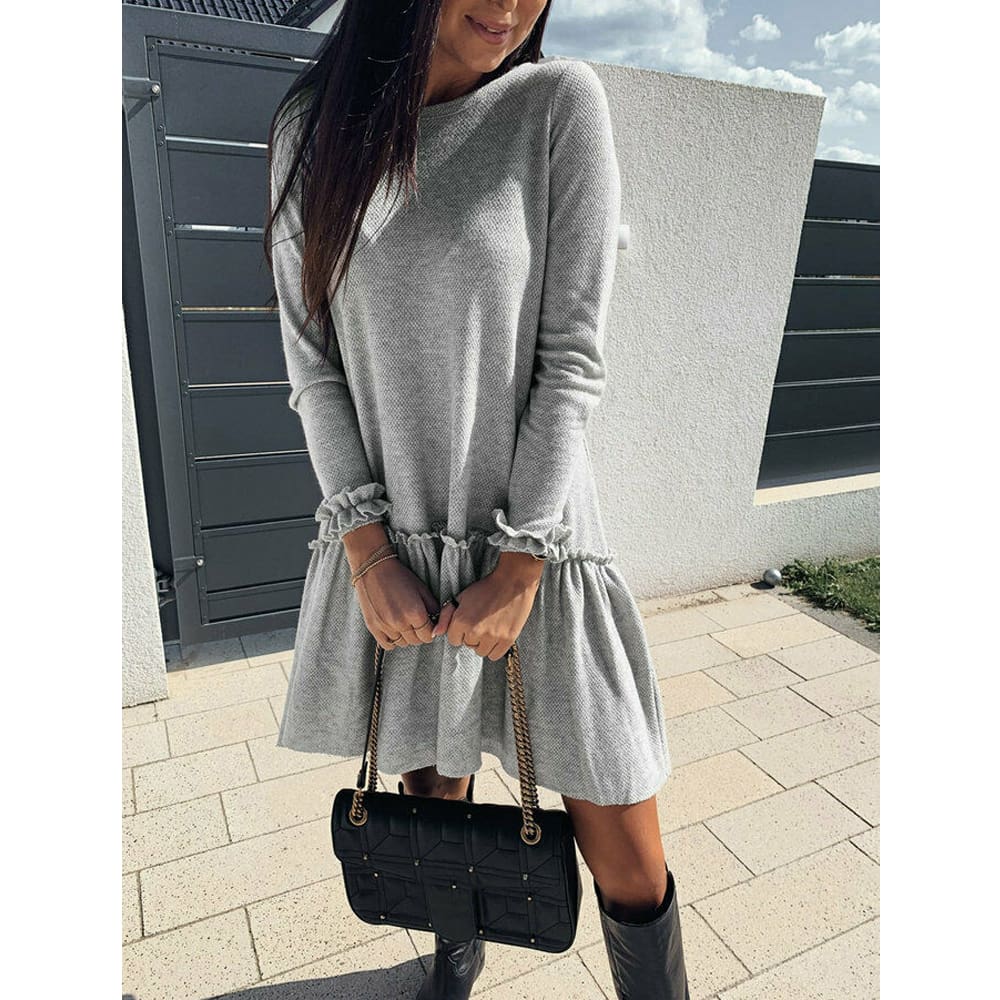 Women O Neck Ruffle Sweater Dress Jumper Autumn Baggy Long Sleeve Tops Pullover Casual Long Midi Dress