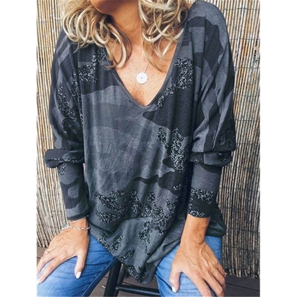 Women Loose Ladies Blouse Shirt Long Sleeve Summer Tops V neck Casual Camouflage Basic Tee Blouse Streetwear