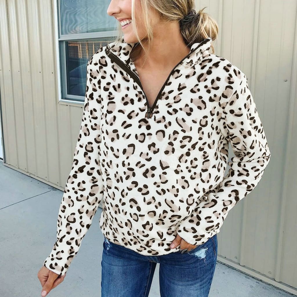 Womens Casual Hoodie Sweatshirt Leopard Long Sleeve Pullover Hoody Jumper Fashion Zipper V Neck Winter Warm Tops