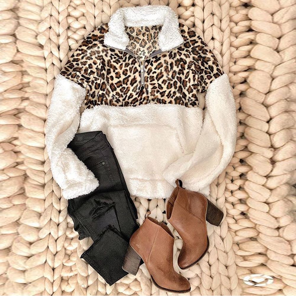 Women Long Sleeve Fleece Loose Winter Warm Coat Casual Jumper Pullover Tops Leopard Women Jacket Casual Outerwear