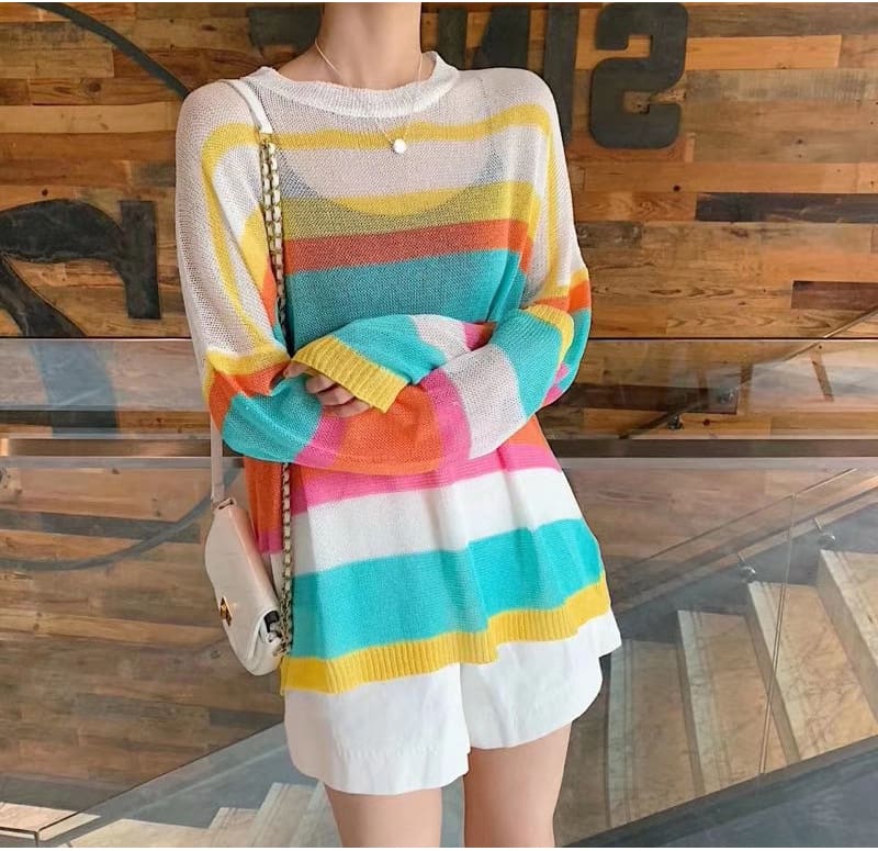 Fashion Women Summer Autumn Top Long Sleeve Loose Rainbow Stripe Sweater Elegant Ladies Casual Pullover Streetwear