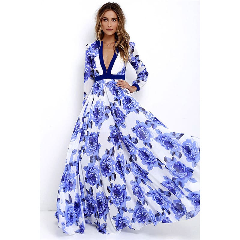 Women Ladies Long Sleeve Maxi Dress Casual Deep V-neck Floral Printed Slim Elegant Long Maxi Dress