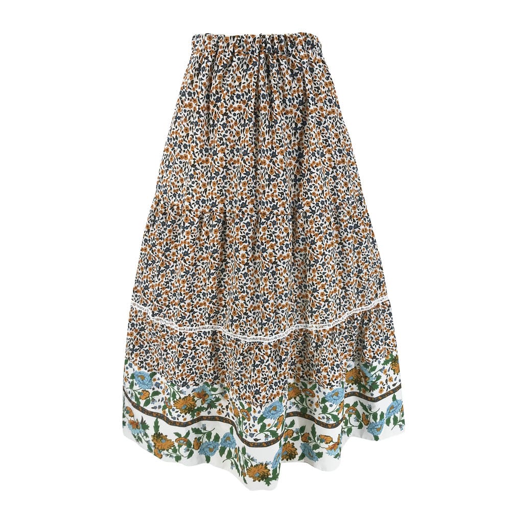 Women Stretch High Waist Floral Print Long Skirt Maxi Beach Casual Boho Polyester Ankle-length Skirt