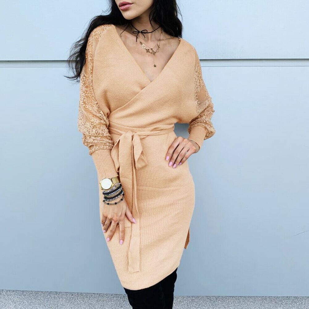 Women Elegant Knitted Pencil Dress New Woolen Split Dress Lace Long Sleeve V Neck Party Clubwear Belt Autumn Winter Lady