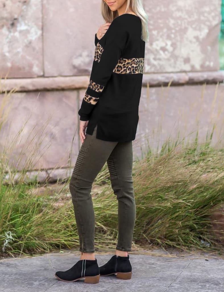 Women Leopard Tops Blouse Shirts Ladies Casual V Neck Loose Pullover Stitching Sweatshirt Tops