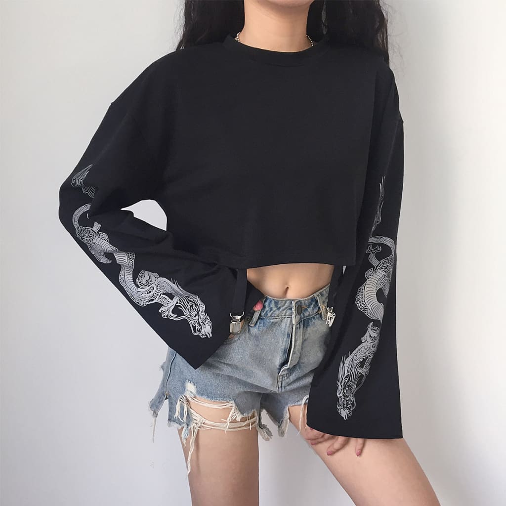 Womens Autumn Long Sleeve Crop Tops Dragon Print Girls Blouse O Neck Casual Loose Pullover Sweatshirt Top