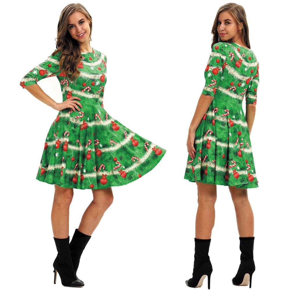 Women Party Dress Ladies Casual Half Sleeve Pleated Xmas Print Cat Snowman Swing Dress