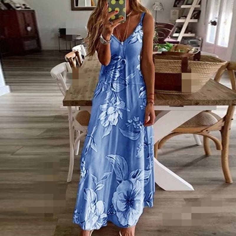 Women Halter V Neck Boho Long Dress Floral Printed Sleeveless Beachwear Holiday Sundress Female vestidos