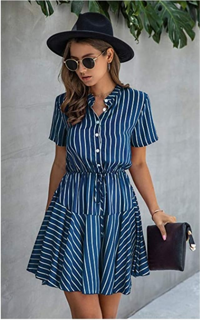 Fashion Women Short Sleeve Stripe T Shirt Dress Elegant High Waist Loose Summer Dress Ladies Office Lady OL Dersses Streetwear