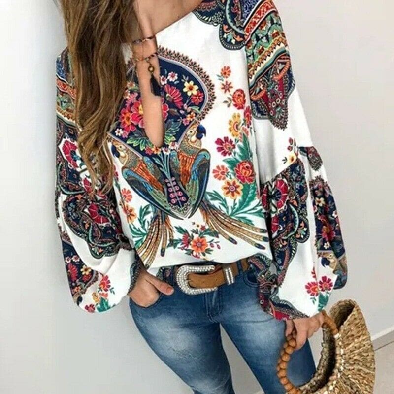 2019 Fashion Women Lady Boho Floral V-Neck Long Sleeve T-Shirts Summer Autumn Casual Loose Tops Plus Size