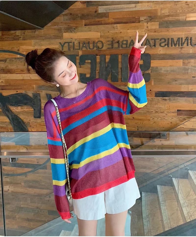 Fashion Women Summer Autumn Top Long Sleeve Loose Rainbow Stripe Sweater Elegant Ladies Casual Pullover Streetwear