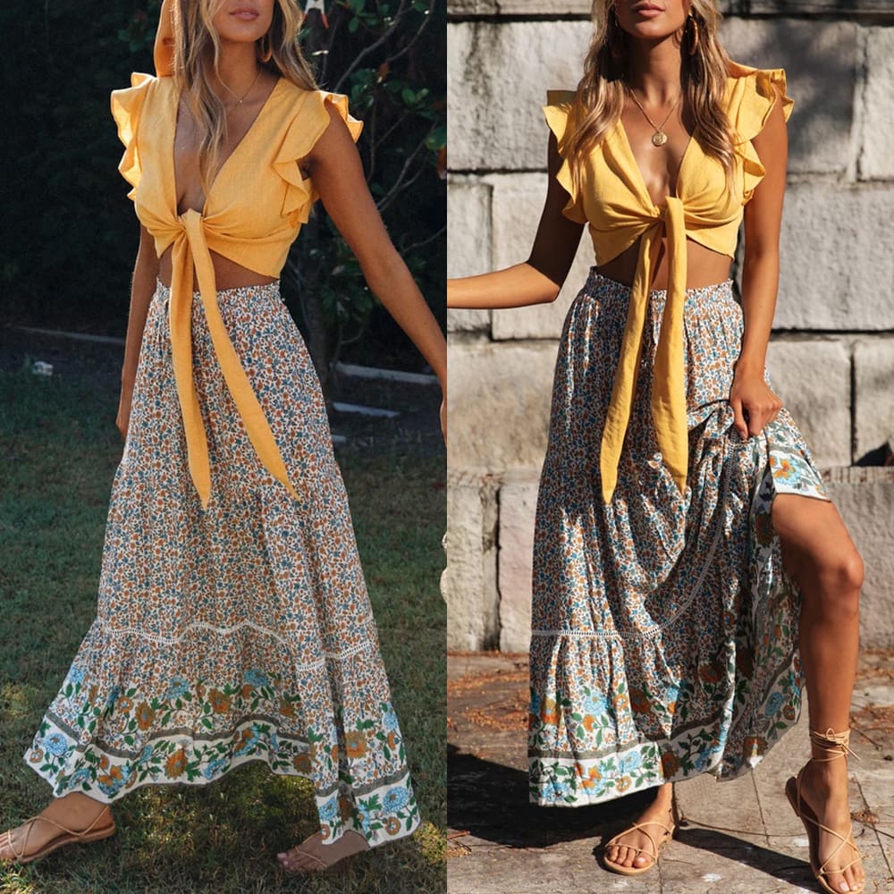 Women Stretch High Waist Floral Print Long Skirt Maxi Beach Casual Boho Polyester Ankle-length Skirt