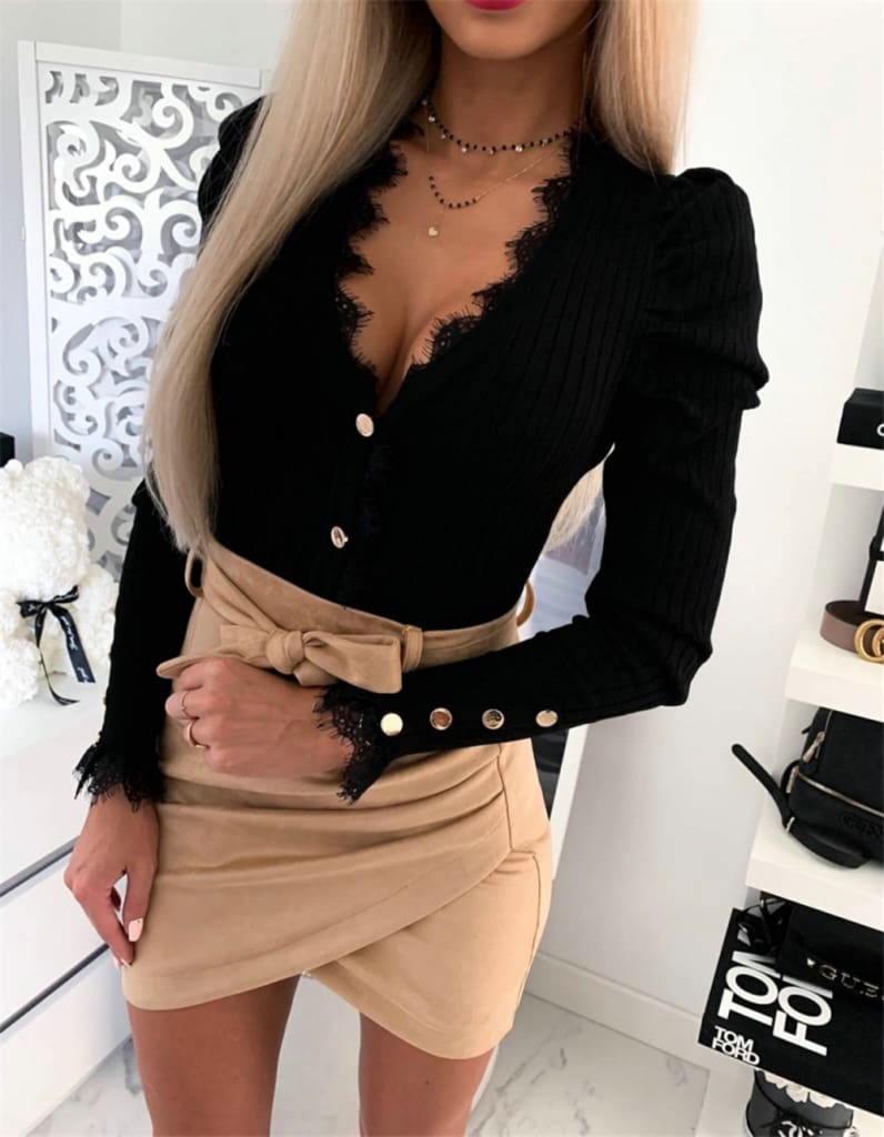 Women Knit Blouse Shirt V Neck Long Sleeve Button Tee Ladies Winter Casual Slim Pullover Tops Sweater