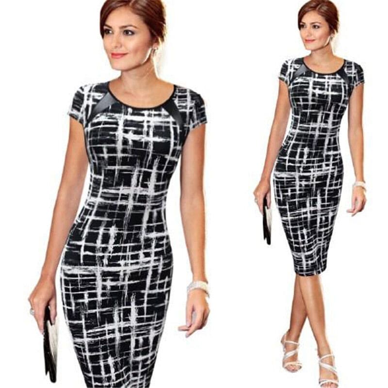 Women Pencil Dress Short Sleeve Summer Bandage Evening Party O-neck Bodycon Slim Polka Dot Dress Knee Length