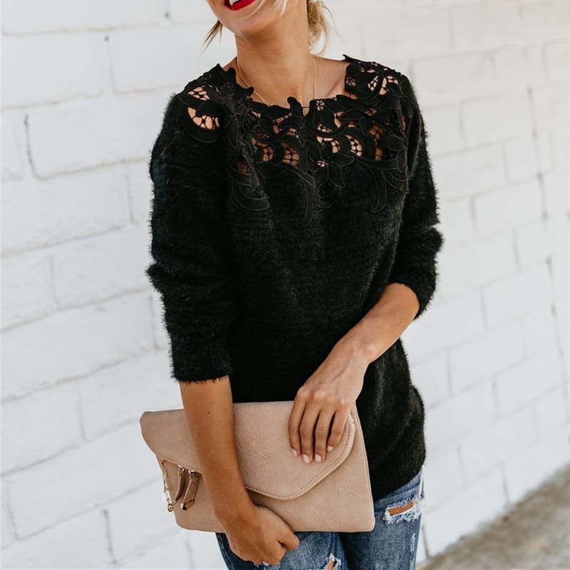 Women Girls Lace Knitted Sweater Pullover Fashion Casual Soft Knitted Long Sleeve Knitwear Blouse Sweater