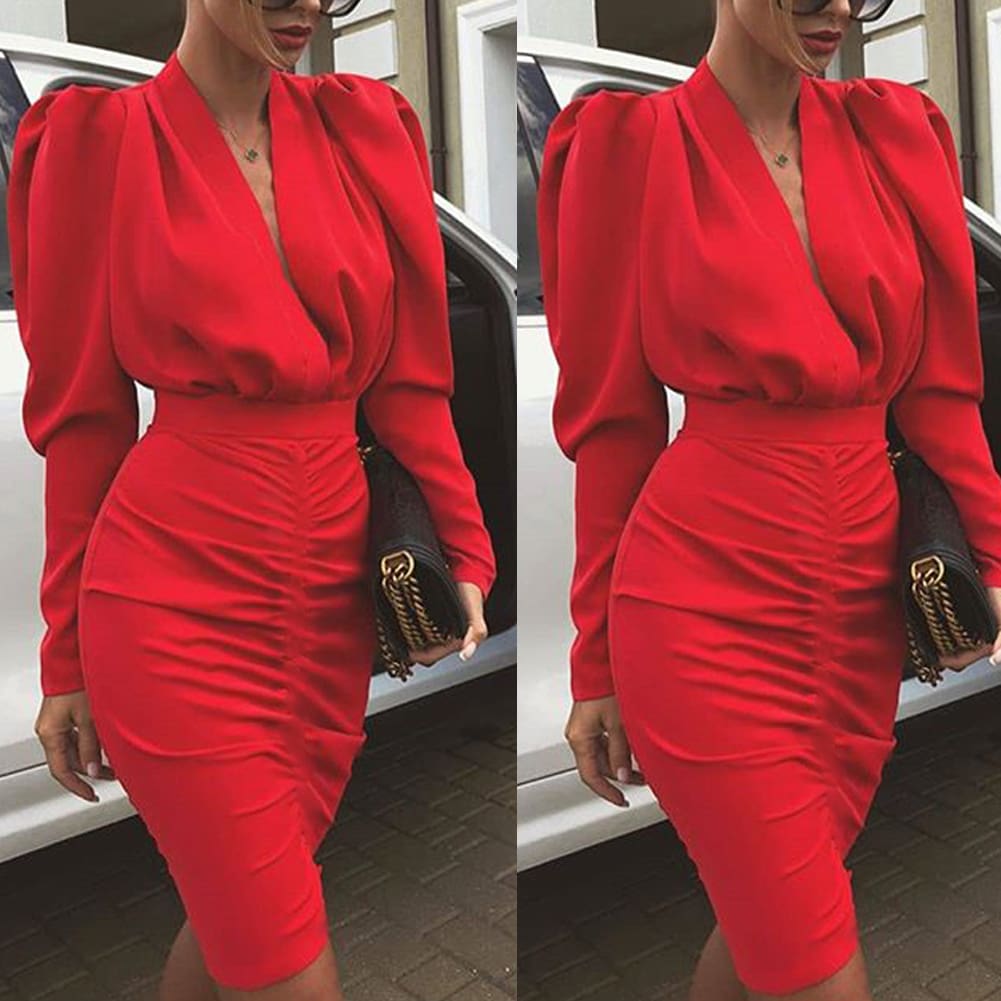 Elegant Womens Long Sleeve V Neck Bodycon Dress OL Ladies Evening Party Office Workout Mini Dress