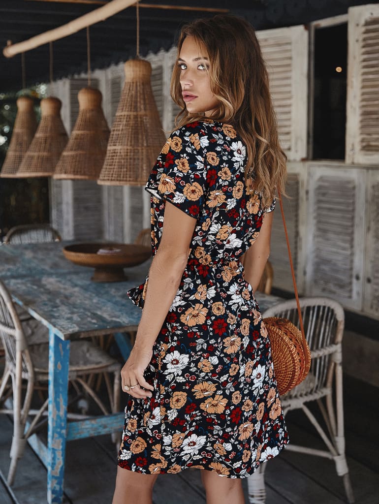 Women Holiday Dress Boho Floral Wrap Short Sleeve Elegant Ladies Summer Beach Party Sundress