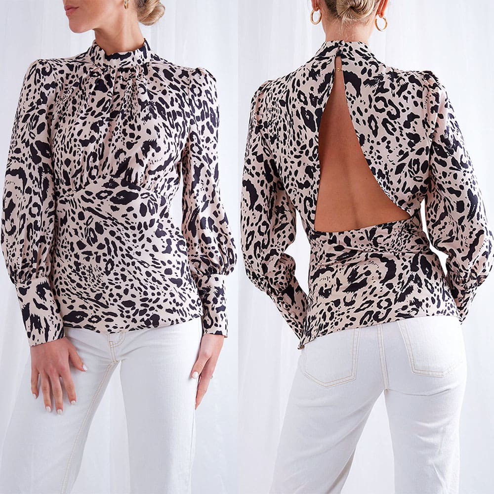 New Fashion Women T Shirt Leopard Print Long Sleeve Backless Sexy OL Ladies Casual Turtleneck Tops Shirt