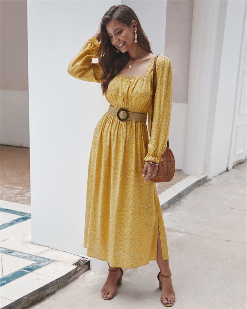 2019 Fashion Trend Women Ladies Long Sleeve Square neck Autumn Dress Floral Autumn Pre-fall Holiday Long Maxi Dress