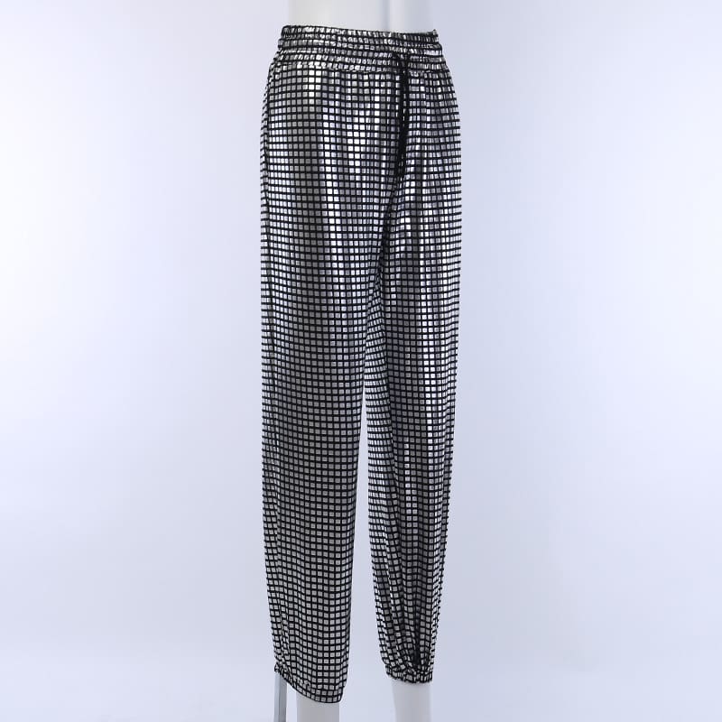 Women Ladies Plaid Hip Hop Dance Combat Cargo Jersey Trousers High Waist Loose Glitter Long Pants