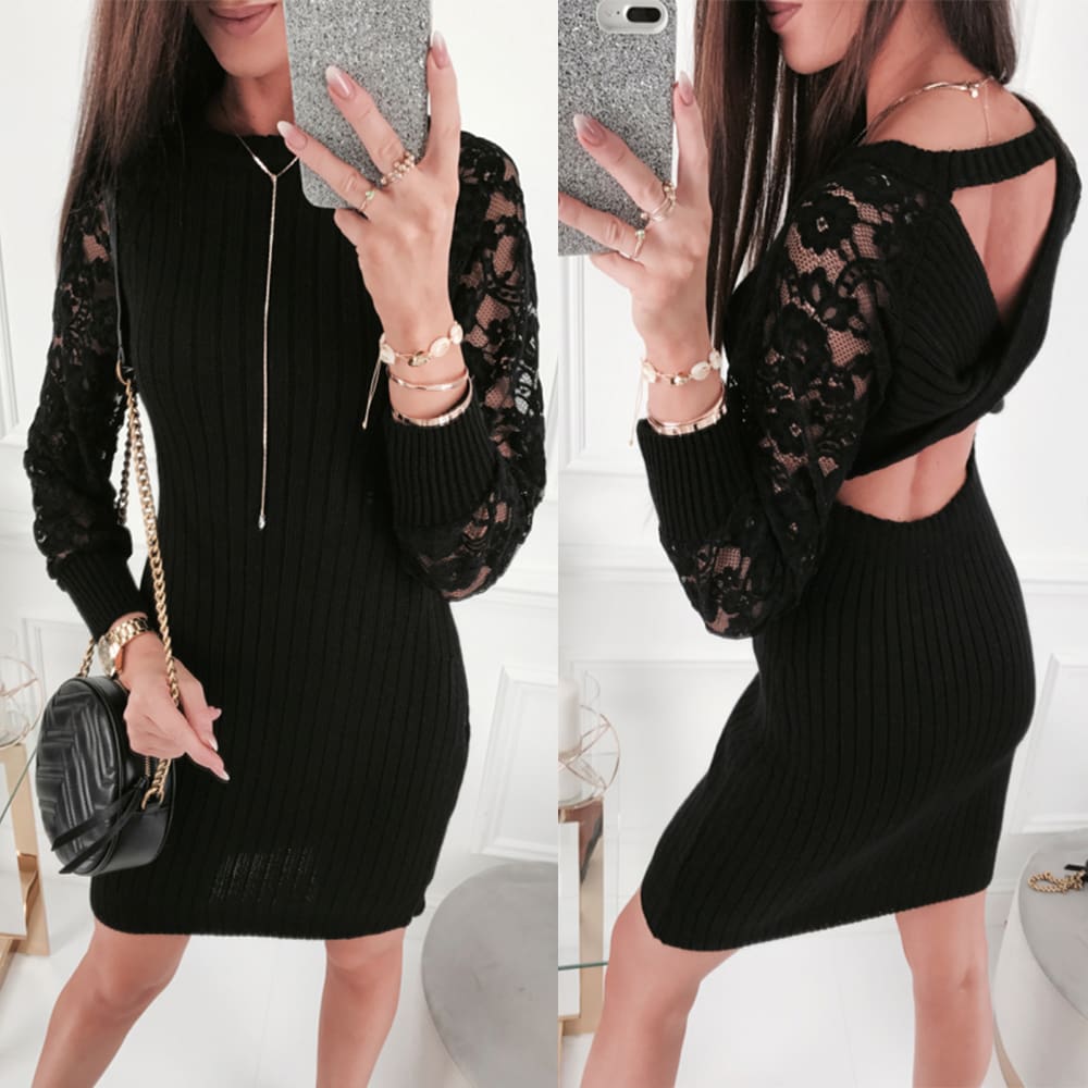 Fashion Womens Lace Bodycon Mini Dress Sexy Lady Hollow Out Backless Dress Autumn Knitted Long Sleeve Warm Dress