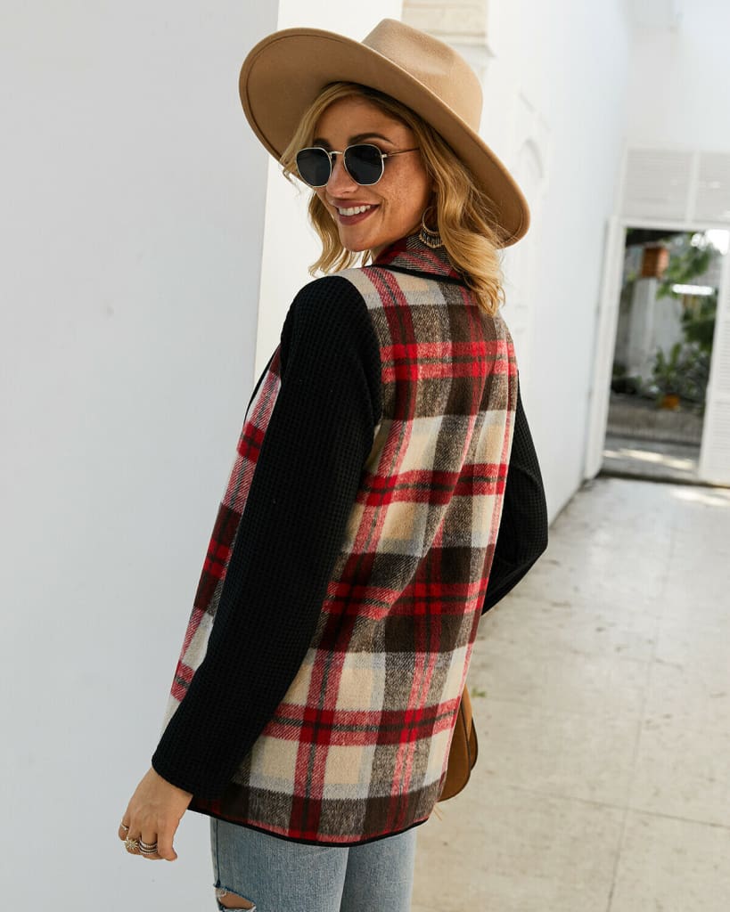 Women Casual Jacket Blazer Fashion Plaid Checks Winter Long Sleeve Cardigan Knitwear Outwear Coat Suit Jumper Top