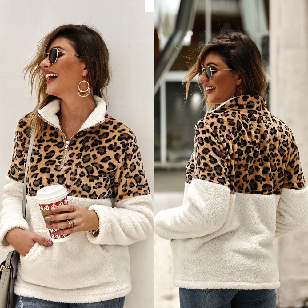 Women Long Sleeve Fleece Loose Winter Warm Coat Casual Jumper Pullover Tops Leopard Women Jacket Casual Outerwear