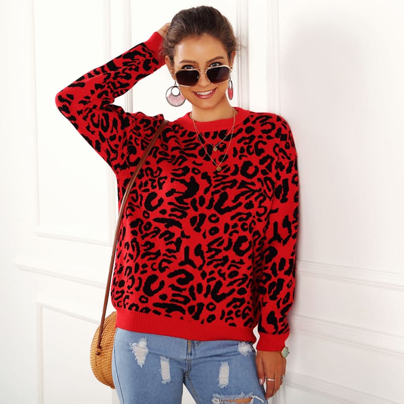 Womens Autumn Winter Sweater Long Sleeve Leopard Print Ladies Girl Knitted Jumper Pullover Tops Sweaters Streetwear