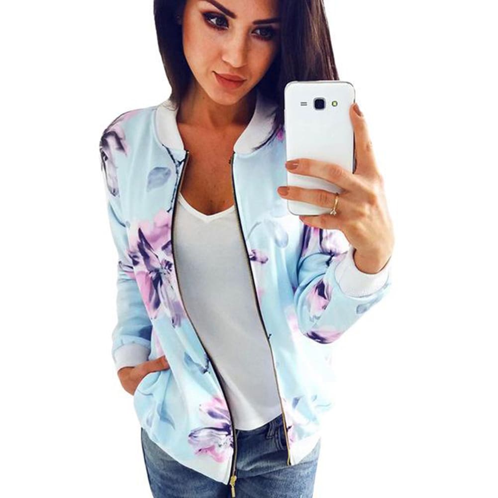 Women Ladies Retro Floral Zipper Up Bomber Long Sleeve Slim Plaid Jacket Casual Floral Zipper Up Bomber Coat Outwear