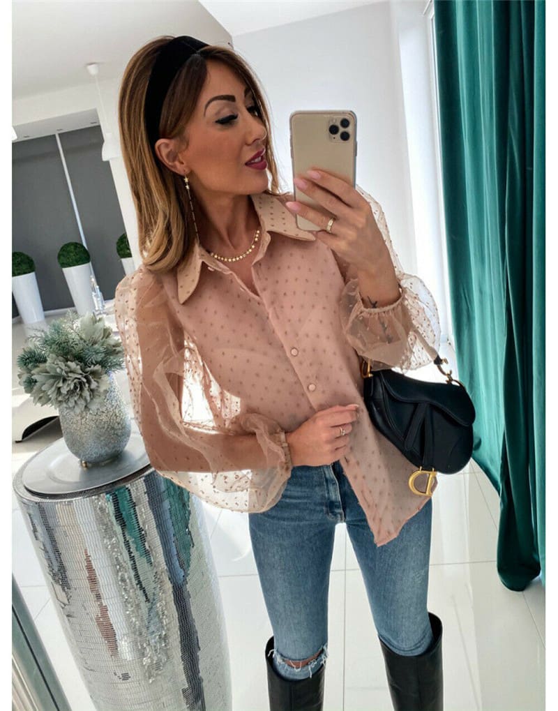 Women See Through Sleeve Sheer Mesh Dot Shirt Blouse Tops OL Puff Long Sleeve Shirt V-neck Buttons Shirts Blouses Outwear 2020