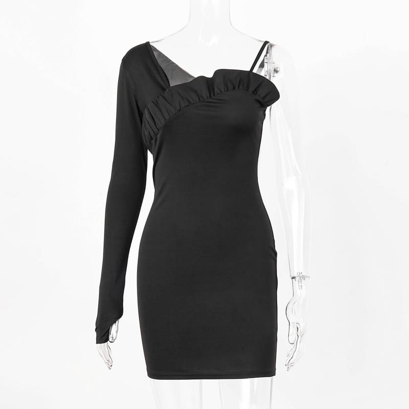 One Shoulder Long Sleeve Bodycon Mini Dress Sexy Ladies Evening Party Clubwear Solid Slim Pencil Dress