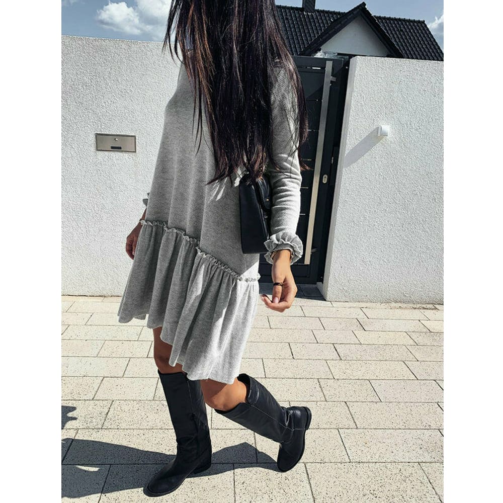 Women O Neck Ruffle Sweater Dress Jumper Autumn Baggy Long Sleeve Tops Pullover Casual Long Midi Dress