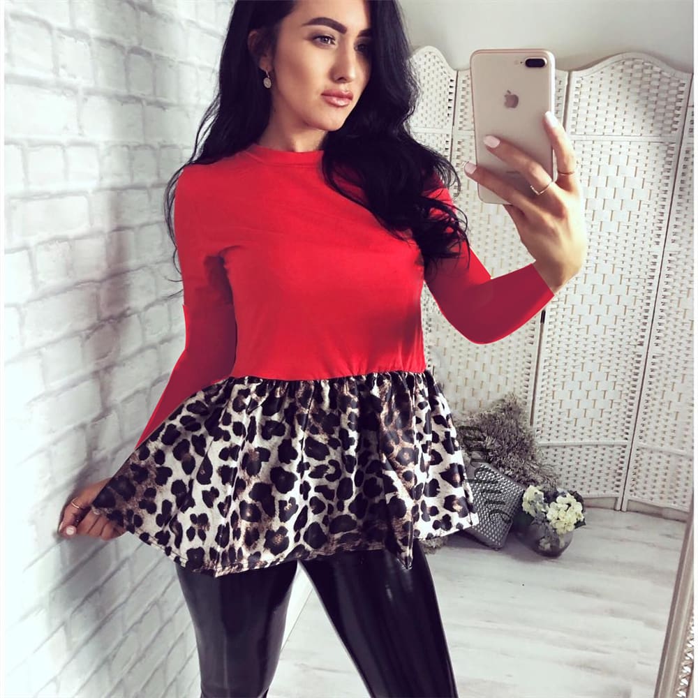 Women¡äs Leopard Patchwork Blouse Long Sleeve Sexy Tops Tee shirts