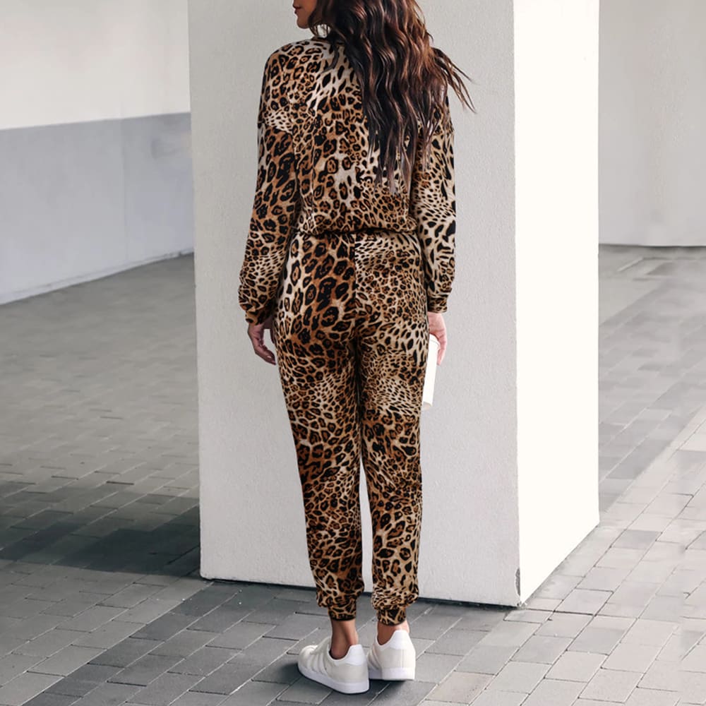 Two piece set Women Fashion Leopard Round Neck Long Sleeve Tops Shirt Wide Leg Pants Casual Sports Suit Streetwear