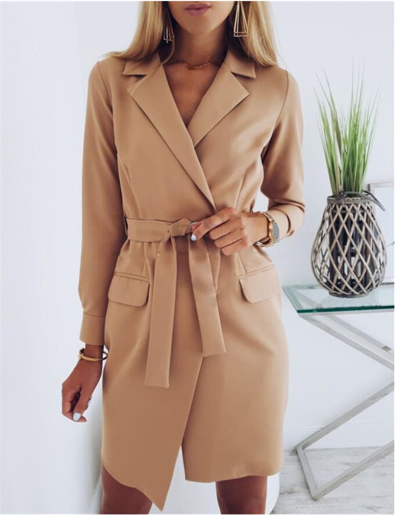 Womens Cardigan Elegant Long Sleeve Basic Lapel Blazer Solid Color Slim Fit Long Jacket Coat Suit with Belt