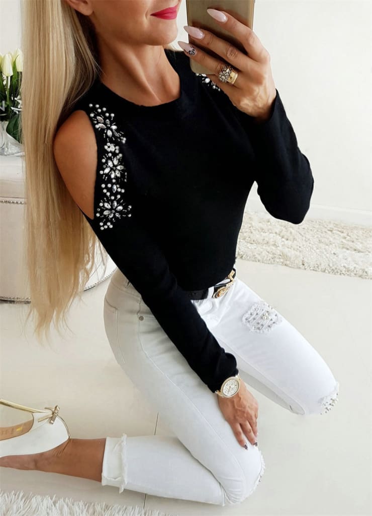 Women Cold Shoulder Blouse Tee Ladies Long Sleeve Slim Fit Casual Tops Shirt Pullover