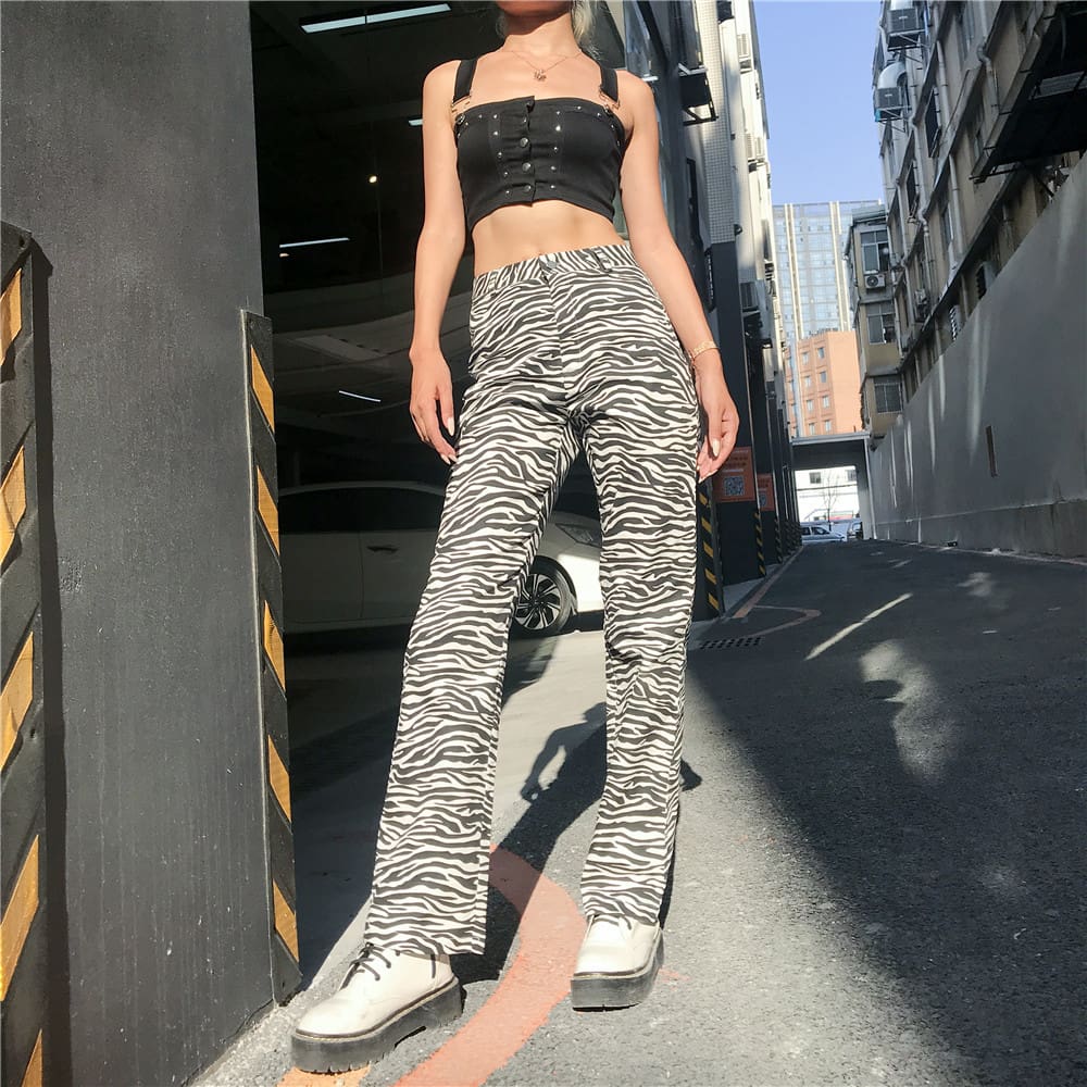 Fashion Long Pants Women High Waist Flat Front Zebra Print Wide-Leg Pants Trouser