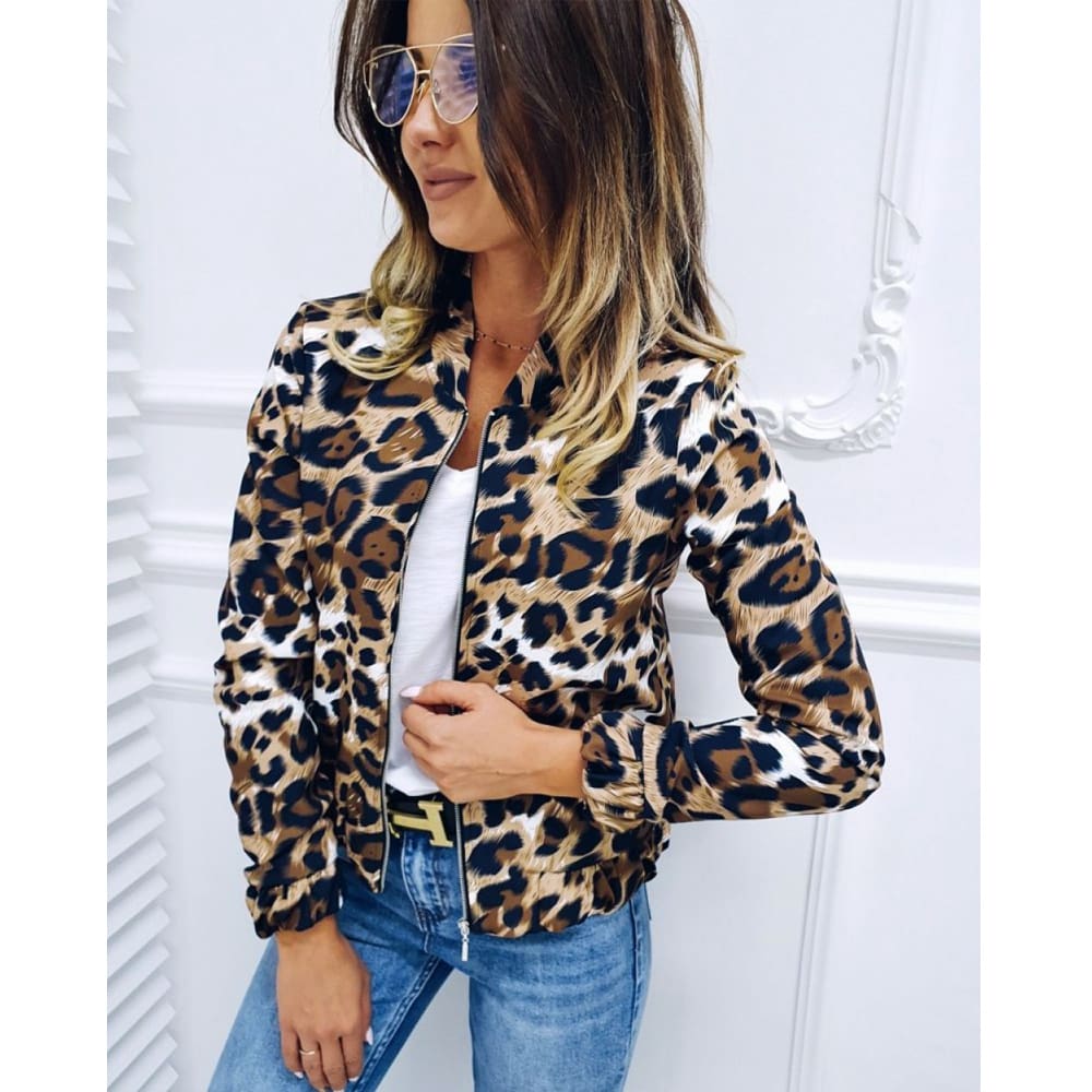 Fashion Women Long Sleeve Jacket Sweater Top Ladies Casual Leopard Print Cardigan Zipper Short Outwear Coat Jacket