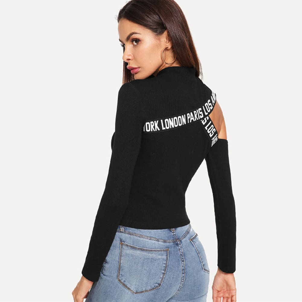 Fashion Women Hollow Out T Shirt Studded Long Sleeve Tops Tee Ladies Cold Shoulder Slim Fit Casual Tops Clubwear