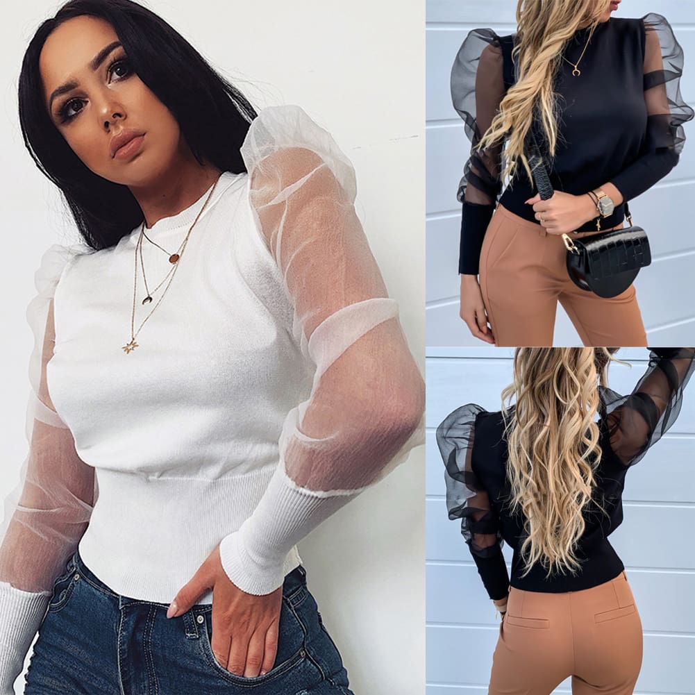 Women Mesh Net Blouse Sheer Puff Long Sleeve Black Pullover Tops