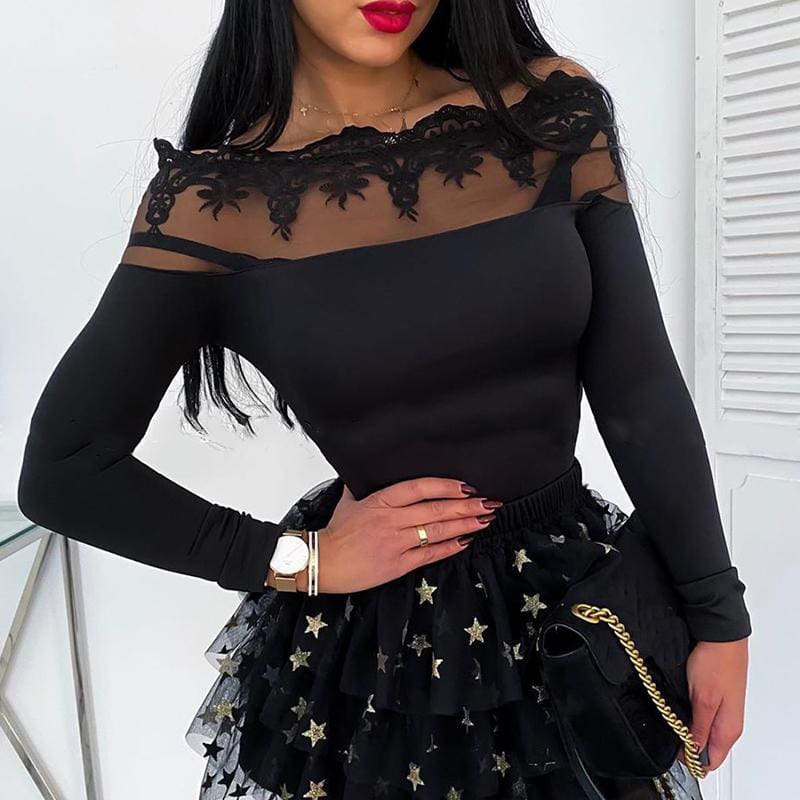 Women Mesh Sheer See-through Patchwork Tee Shirt Tops Long Sleeve Lace Off Shoulder Slim Fit Blouse